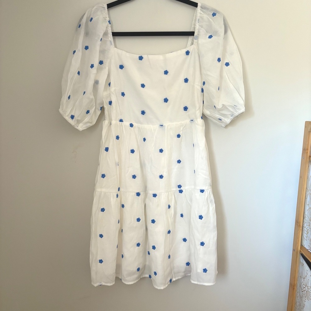 Pink Lily White Blue Floral Embroidery Puff Sleeve Dress Cottagecore Feminine SM